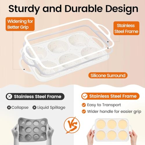 Silicone Muffin Pan with Metal Reinforced Frame - Mini Muffin Pan for Homemade Muffins, Cupcakes, and Bread, Oven and Dishwasher Safe - Set of 2, 6-Cup and 12-Cup - size: Jumbo+Standard
