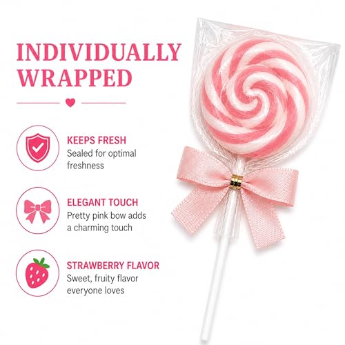 PINK SWIRL LOLLIPOPS WITH BOW - 24 CANDY SUCKERS INDIVIDUALLY WRAPPED - GIRL BABY SHOWER POPS - CANDY BUFFET - color: PINK