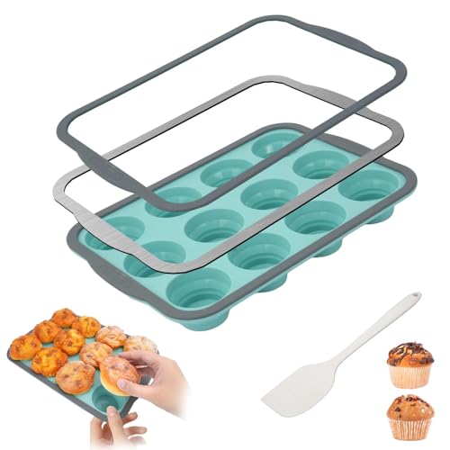 12 Cups Silicone Muffin Pan with Spatula, Nonstick Cupcake Mold