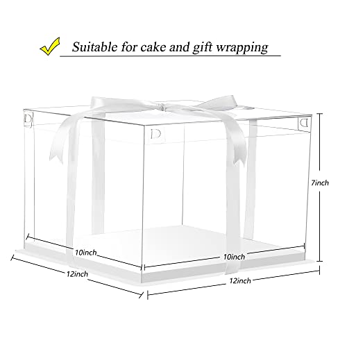 12X12X7inch Clear cake Boxes,Cake Carrier,Disposable Cake Containers, Large Cake box with Ribbon, Ideal for Large 10and 12Inch Cake carry,transparent cake box for birthday Party wedding -White - color: white-12x12x7inch-6Pcs