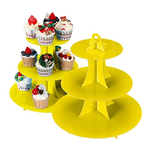 YLDW Cupcake Stand, 3-Tier Cupcake Stand Display, Cardboard Cup Cake Tower Stand, Disposable Dessert Stand for Birthday Tea Party Baby Shower Treat Decorations, Yellow - color: Yellow