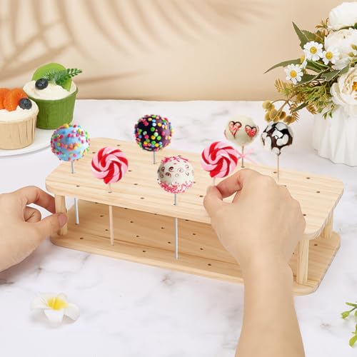 PH PandaHall Wood Cake Pop Stand for Dessert Table 37 Holes Natural Wooden Lollipop Display Stand Cake Pop Holder for Birthday Party Wedding Candy Display Decor, Burlywood - color: Burlywood