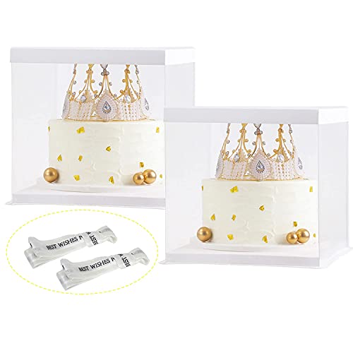 XININSUN 2Pcs Large Cake PET Clear Box, 10" X 10" X 9" with ribbon and pre-folded lid, for 8" cake packing carry, baking cookie display, Carry Tall Layer Gift, Festive Gift Box -White - color: white-10x10x9inch-2Pcs