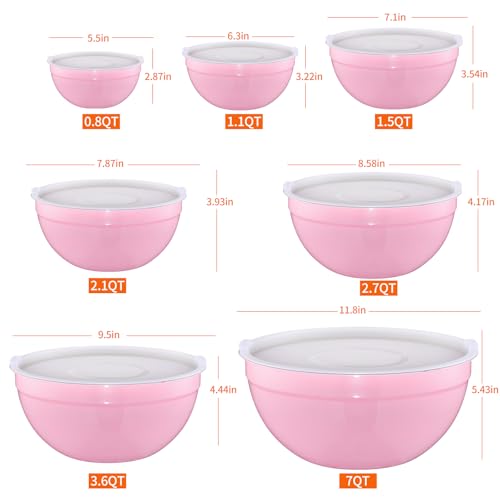 Pink Mixing Bowls with Airtight Lids, Stainless Steel Nesting Mixing Bowls Set of 7, Ideal for Baking, Prepping and Serving Food, Size 7, 3.6, 2.7, 2.1, 1.5, 1.1,0.8 QT, Stackable Design - color: Pink, size: 7 Pieces