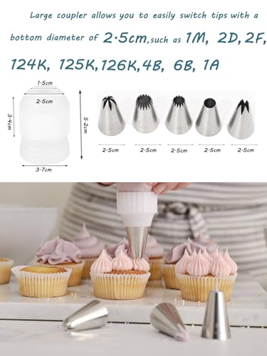 1M 2D 4B 1A D66 Piping Tips Set with Large Coupler for Cake Decorating