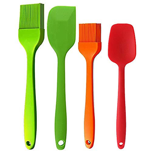 Basting Brush + Large Spatula Silicone Pastry Baking BBQ Sauce Marinade Meat Glazing Oil Brush Heat Resistant, Kitchen Cooking Baste Pastries Cakes Desserts 4 Pack (Brush + Spatula)