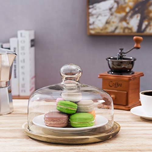 MyGift Cloche Dome Clear Glass Dessert Cheese Serving Tray 7.5 Inch Small Cake Cupcake Stand with Acacia Wood Base for Party Wedding (Pack of 4) - size: Small (Pack of 4)