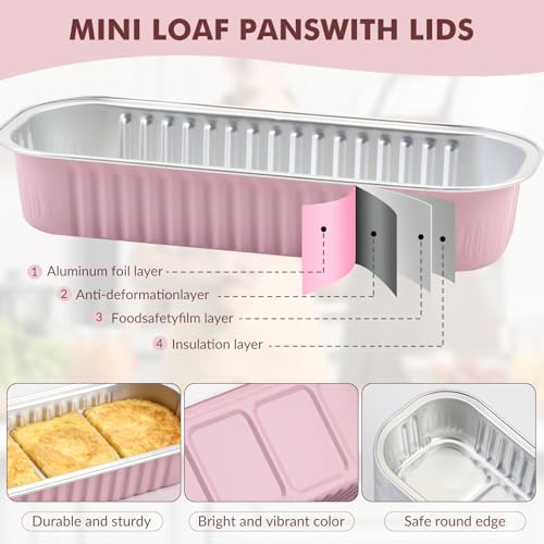 30 Pack Mini Loaf Cake Pan with Lids and Spoons, 6.8oz Small Disposable Aluminum Cake Tin Foil Pans, Rectangular Mini Loaf Bread Pans with Lids for Baking,Party,Picnics,Holidays (Pink) - color: Pink, size: 30 Pack