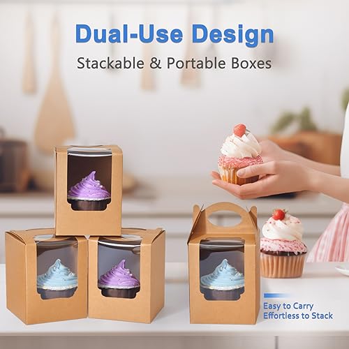 Cupcake Boxes 25 pcs, Individual Cupcake Carrier Brown with Window Insert and Handle Pastry Containers Single Muffins Container for Bakery Wrapping Party Favor Packing - color: Brown, size: 25