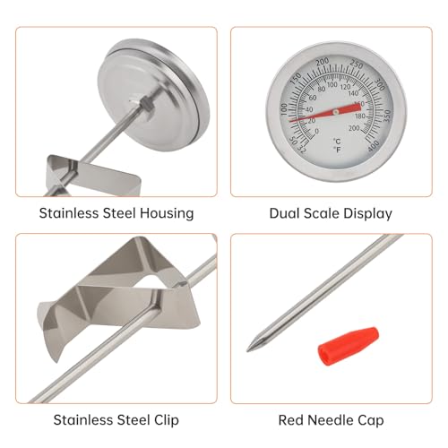 Candy/Deep Fry Thermometer with Pot Clip - 8" Stainless Steel Stem Meat Cooking Thermometer for Frying and Candle Making, Turkey, BBQ, Grill, Instant Read, Analog Display - size: 8 inch