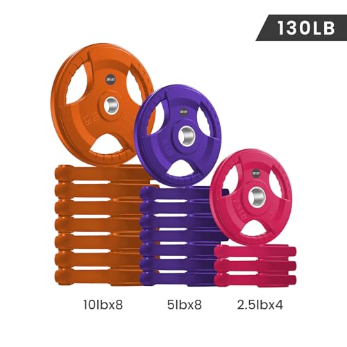 SPART 2-Inch Color Rubber Coated Olympic Grip Plate in Pairs or Single for Strength Training, Weightlifting and Bodybuilding, Solid Cast Iron Weight Plates for Barbell, 2.5LB/5LB/10LB/25LB/35LB/45LB, Two Years Warranty - color: 130LB SET