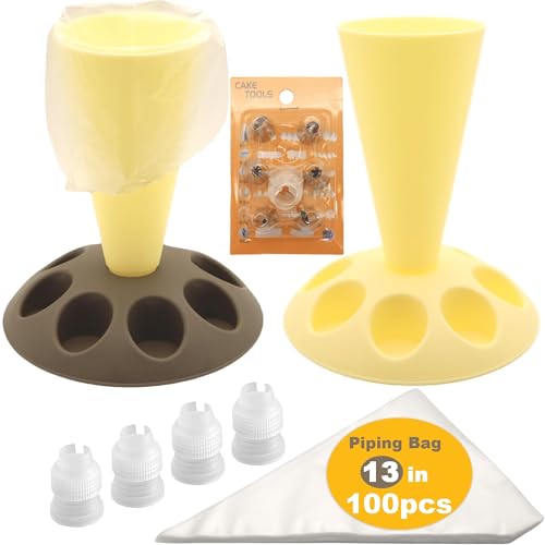 2 Pack Piping Bag Holder – Piping Bag Holder Stand for Filling, Icing Bag Holder, Pastry Bag Holder Stand with 8 Nozzle Slots, Includes 100 Pcs 13 in Piping Bags, 6 Icing Nozzles & 5 Couplers - color: Yellow and Brown