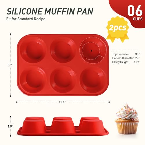 2 Pack 6 Cups Silicone Mini Muffin Pan with Metal Reinforced Frame Silicone Molds Cupcake Cake Baking Pans Cookie Baking Chocoflan Cupcake Mold Cake Molds Kitchen Baking Mom Gift Home Essentials - color: Red, size: 2pc: 6-Cup Jumbo