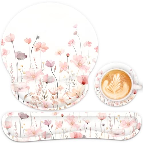Ergonomic Mouse Pad with Wrist Rest and Keyboard Wrist Rest, Mousepad - color: Pink Watercolor Flowers