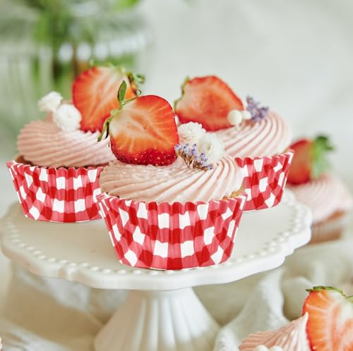 Whaline 300Pcs Red Plaids Cupcake Liners Red White Checkered Paper Baking Cups Small Muffin Cupcake Wrappers for Holiday Party Home Kitchen Supplies, 2 x 1.2 Inch - color: Red