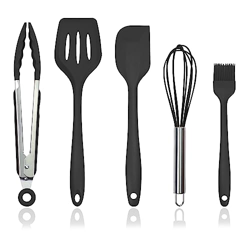 Silicone Kitchen Cooking Utensils Set Kitchen Spatula Set with Holder,5 pcs Heat Resistant Silicone Kitchen Utensils Gadgets Tools Set for Nonstick Cookware,Dishwasher Safe (Black) - color: Black-5Pcs