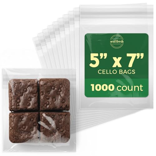 Seal Fresh Self Sealing Cellophane Bags - 5" x 7" (1000 Count) - Clear Plastic Resealable Cello Bag - Cellophane Treat Bags, Cookie Bags for Packaging, Candy bags, Cello Bags, Pastry Bags - size: 5" x 7"