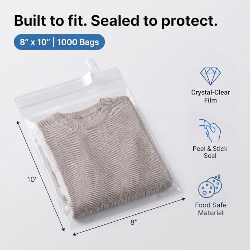 8x10 Self-Sealing Cellophane Bags (1000 Count) Clear Resealable Cello Bags - size: 8" X 10"