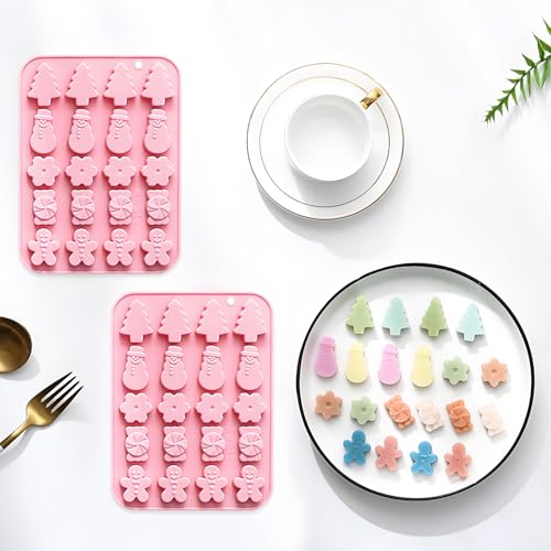 Christmas Silicone Candy Molds, Holiday Shapes with Snowman, Tree, Gingerbread Man, 2-Pack, Pink - color: QY297