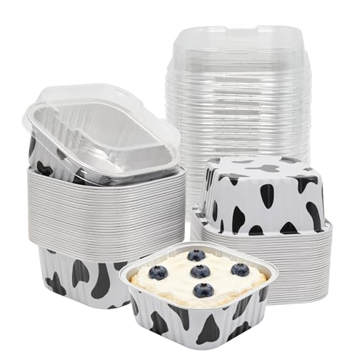 50 Pack 5oz Mini Square Cake Pans with Lids, Cow Print - color: Cow Print, size: Square