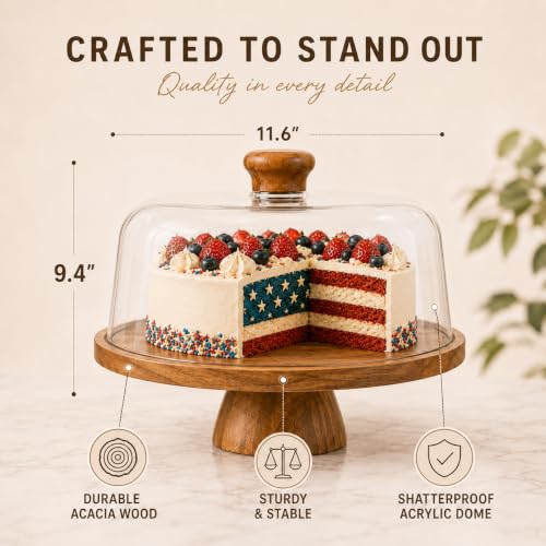 Acacia Wood Cake Stand with Lid Anti-Mold 12 Inch - 2-in-1 Wooden Charcuterie Board - Covered Dessert Plate with Acrylic Dome - Vintage Pastry Display -Tall Domed Serving Stand Platter - Brown - color: F - Brown