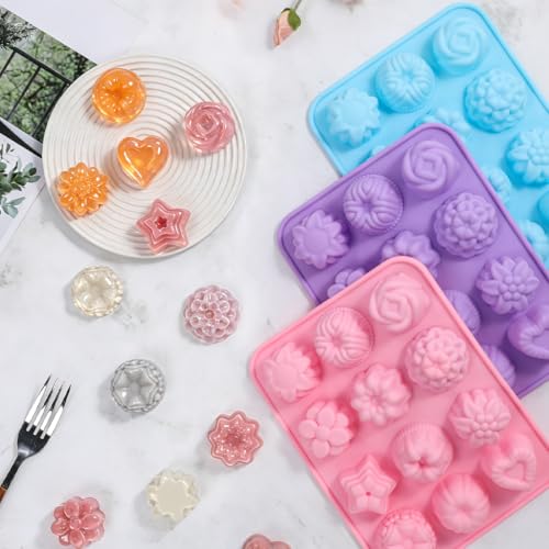 SJ Flower Silicone Mold Set, 3-Pack 12-Cavity Soap & Craft Molds - color: Pink+Purple+Blue / Flower Shape