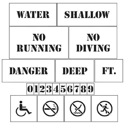 Stencil Ease Pool Safety Stencil Kit – 21 Reusable 10 mil Mylar Stencils for Concrete Pool, Spa Decks – Swimming Pool Rules, No Diving, No Running, Water Depth