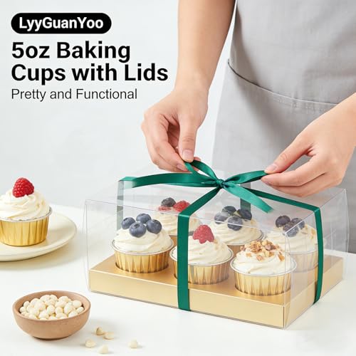 150 Pack Disposable Ramekins with Clear Lid, Golden Mini Cupcake Tins