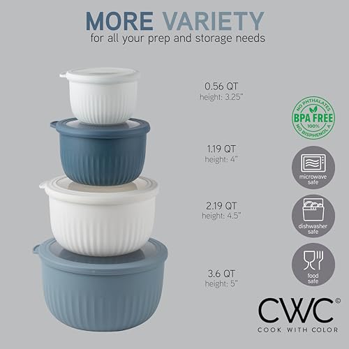 COOK WITH COLOR Prep Bowls with Lids- Wide and Deep Nesting Plastic Small Mixing Bowl Set with Lids, 8 Piece Set - Deep Bowls, Blue/Grey - color: Blue/Grey, size: 8 Piece Set - Deep Bowls