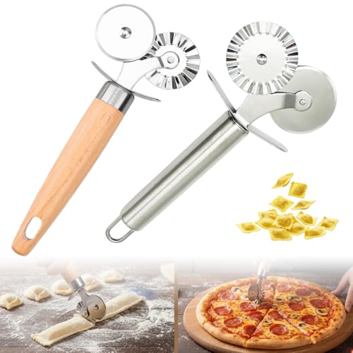 2 Pack Pastry Cutter Double Wheel - Exquisite Wooden Handle, Perfect for Pasta, Pizza, Ravioli, Cookie -Cheese Slicers Enhance Your Culinary Artistry