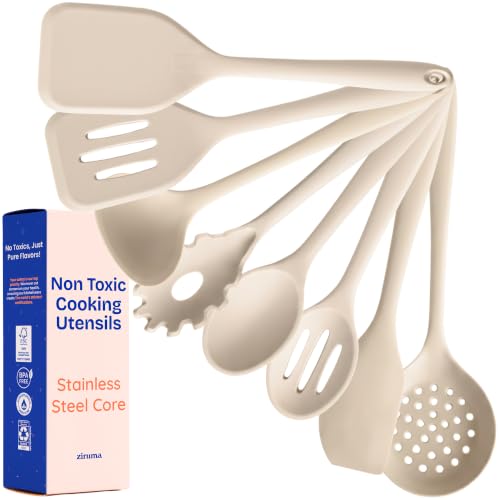 NonToxic Platinum Silicone Utensils, 100% Plastic-Free, 8-Pcs, Beige - color: Beige