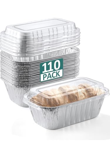 NEEBAKE 110 Pack 6x3.5x2 Disposable Aluminum Loaf Pans with Lids - 1 Lb Mini Loaf Pans, Small Aluminum Tin Foil Baking Pan, Food Containers for Baking, Cakes, Bread, Meat, Loaves