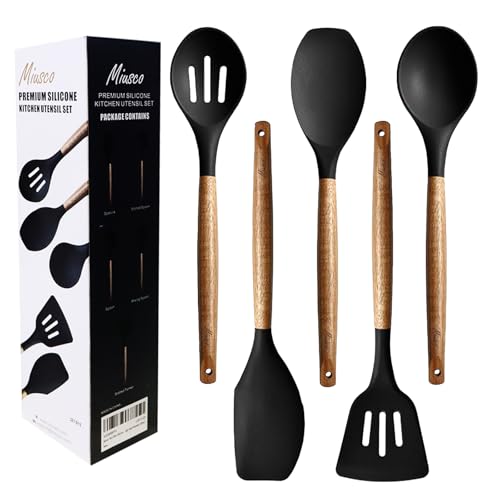 Kitchen Utensils Set, Silicone Cooking Utensils Set,Non-Stick Silicone Spatula Set with Natural Acacia Hard Wood Handle, 5 Piece, Upgraded Thickened Cookware - color: Black