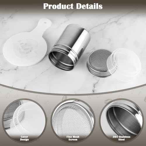 Powdered Sugar Shaker Duster,Cinnamon Shaker Flour Sifter,7oz 304 Stainless Steel Fine Mesh Shakers With Lid,16 Pieces Coffee Stencils Latte Art for Baking Soda Cocoa Cornstarch Cinnamon Coffee Flour