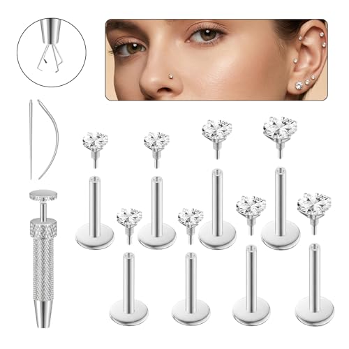 16G 18G Flat Back Earrings Stud 316L Surgical Stainless Steel Internal Thread Piercing Jewelry for Helix, Cartilage, Tragus, Nose, Labret – with Ball Grabber Tool - color: Silver：16G Bar-6/6/7/8mm & CZ-2/2.5/3/4mm