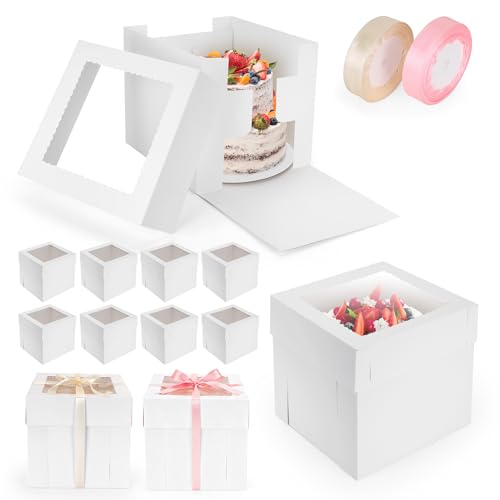 10 inch Tall Cardboard Cake Boxes with Lid, Ribbon, 12 Pcs