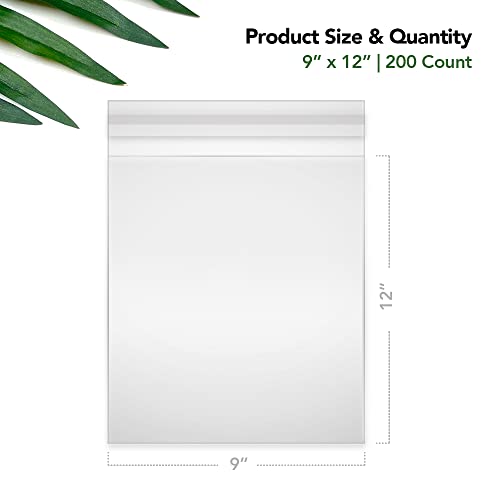 Seal Fresh 9 x 12 Inch Cellophane Bags 200 Pack — Clear Self-Sealing Resealable Large Bags for Gift Packaging, Apparel, Crafts, Party Favors, Document Storage - size: 9" x 12"