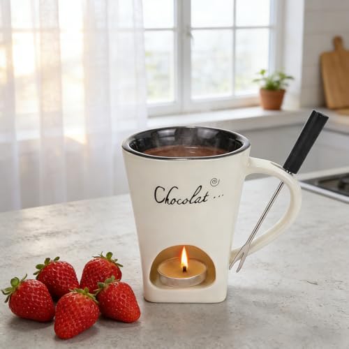 Chocolate Fondue Mug with Fork Sweet Ceramic Personal Chocolate Melting Cup Chocolate Fondue Mug Ideal Gifts for Birthday Date Night Birthday Wedding Gifts (white) - color: White
