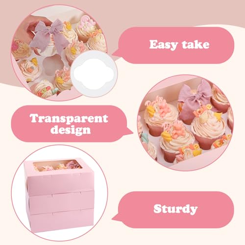 Moretoes 3PCS Pink Cupcake Boxes with Window(12 Count Cupcake Containers) - color: Pink