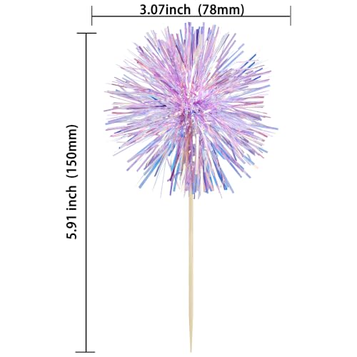 Ephlyn 30Pcs Foil Firework Cupcake Toppers Party Birthday Cake Toppers Supplies Sparkle Tinsel Cocktail Fruit Toothpick for Birthday Wedding Graduation Party Purple - color: Purple, style: Style 2