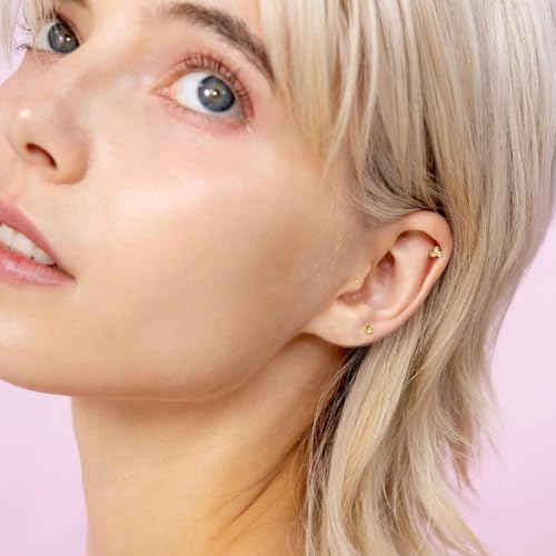 20G/18G/16G Titanium Flat Back Earrings, Threadless Nose Stud Tiny Stud Earrings, Cartilage Tragus Piercing Jewelry Conch Helix Stud - color: Dot (gold 3pcs), size: 18ga(1.0mm)