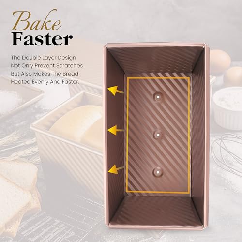 Pullman Loaf Pan with Lid, 1 lb Dough Capacity Non-Stick Bread Pan for Baking Bread, Carbon Steel Corrugated Bread Toast Box Mold with Cover for Baking Bread, Gold