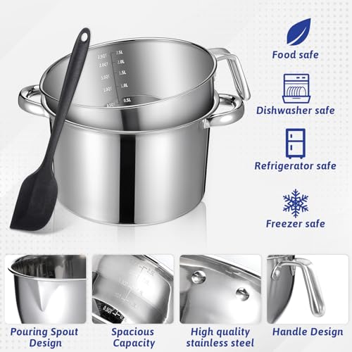 Double Boiler Pot Set, Include 2500ml/2.3QT Mixing Bowl and 4000ml/3.63qt Stainless Steel Pot, Silicone Spatula, For Candy, Soap Wax Candle Making Supplies, Induction Safe