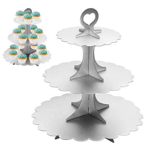 3-Tier Silver Matte Cupcake Stand 2 Pack, Cardboard Dessert Display for Weddings, Parties Events, Easy to Assemble Tiered Cake Stand - color: Silver 2 Pack