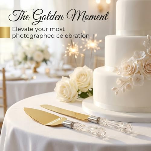 Gold Cake Knife and Server Set – Stainless Steel Wedding Cake Cutting Set with Crystal Handle, Cake Cutter & Pie Spatula for Wedding, Birthday, Anniversary, Party - color: Gold
