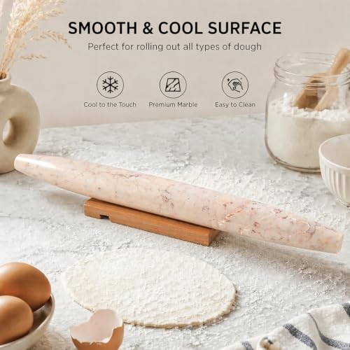 Natural Marble Rolling Pin for Baking, 15.6” Non-Stick Stone Dough Roller - color: 15.6"x1.48"-Rosa Crema