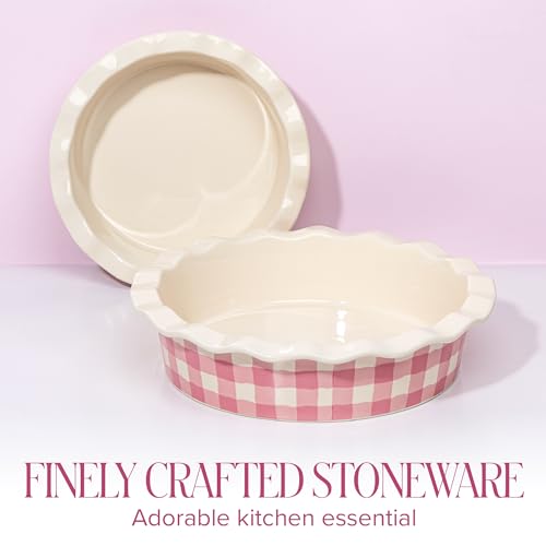 Paris Hilton Ceramic Pie Dish Set, 7-Inch and 9-Inch Stoneware Baking Dishes with Fluted Rim and Gingham Design, Oven Safe up to 450°F, 2-Piece, Pink - size: 2-Piece