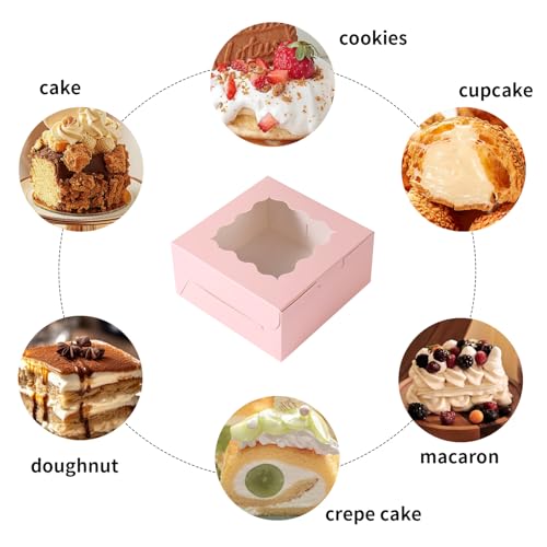 36 pcs 6x6x3 Inches Small Cake Box with Window, Bakery Pastry Cookie Boxes, Mini Pie for Pastry,Dessert,Strawberries,Chocolates, Cupcakes with paper stickers (Pink) - color: pink/36pcs
