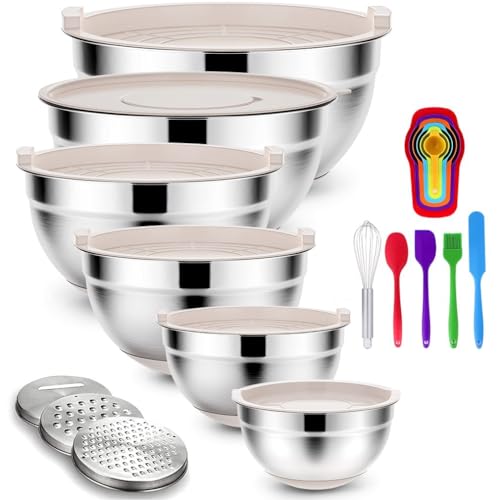 Rottay 20PCS Stainless Steel Mixing Bowls with Airtight Lids Set - color: oatmeal