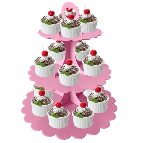 Pink Cupcake Stand 3-Tier, Cardboard Dessert Display Tower, 1-Pack - color: Pink 1 Pack